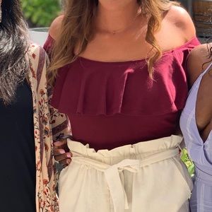 Maroon off the shoulder ribbed bodysuit